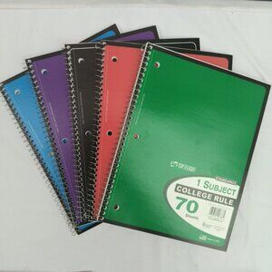 5 Pack Top Flight Spiral Notebook COLLEGE 1 Subject 70 Sheets Assorted Colors
